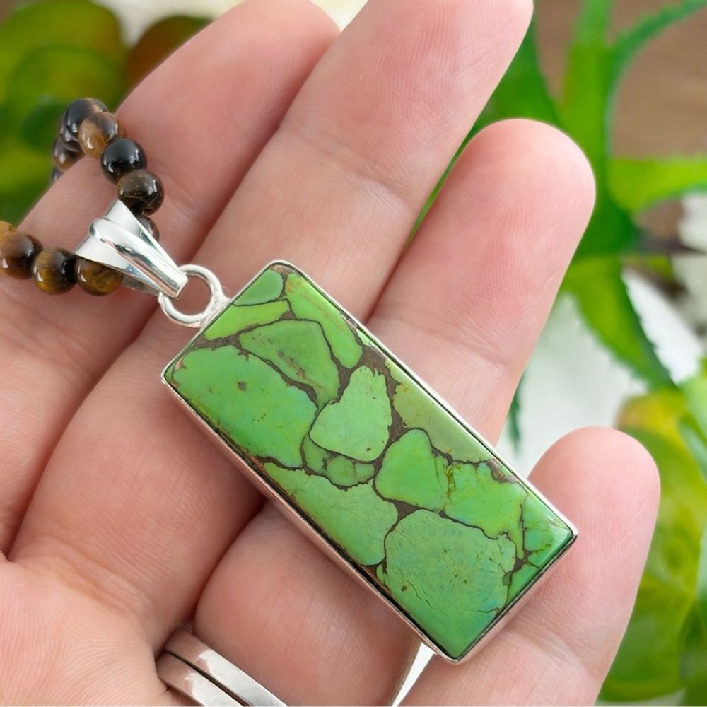 Boho Southwest Genuine Green Copper Turquoise Pendant Necklace Handmade New 925 - Picture 2 of 7
